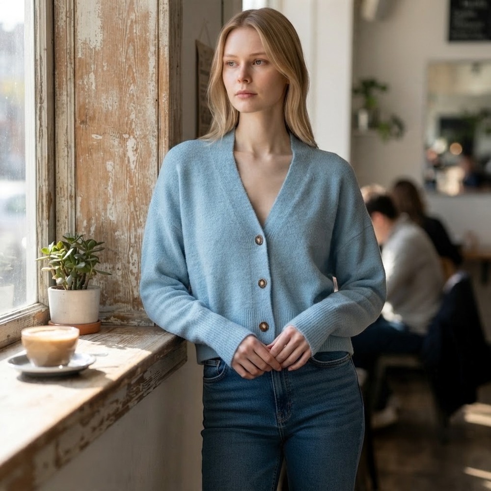 Urban Outfitters Thea Cardigan V-Neck Sweater Fuzzy S Blue Soft Girl Pastel Cozy